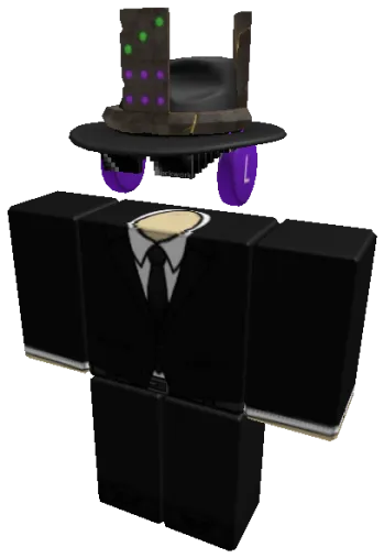 DeathKalinius's Roblox avatar: black suit and tie, purple hair and a dark top hat